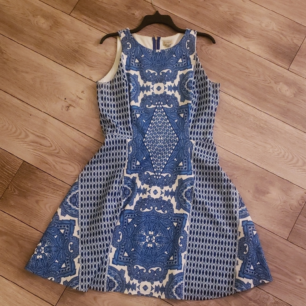Blue and White Patterned Sleeveless Dress